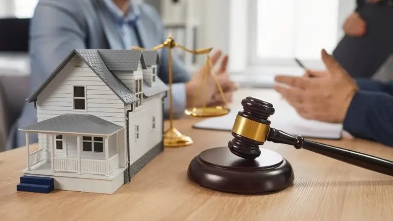 Gayrimenkul hukuku danışmanlığı sırasında ev modeli ve adalet terazisi önünde görüşme yapan avukat ve müvekkil.