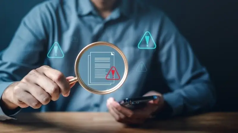 Bir kişi akıllı telefonunda belge incelerken büyüteç simgesiyle uyarı ikonları gösteriliyor; sosyal medyada hukuki riskleri temsil eden görsel.